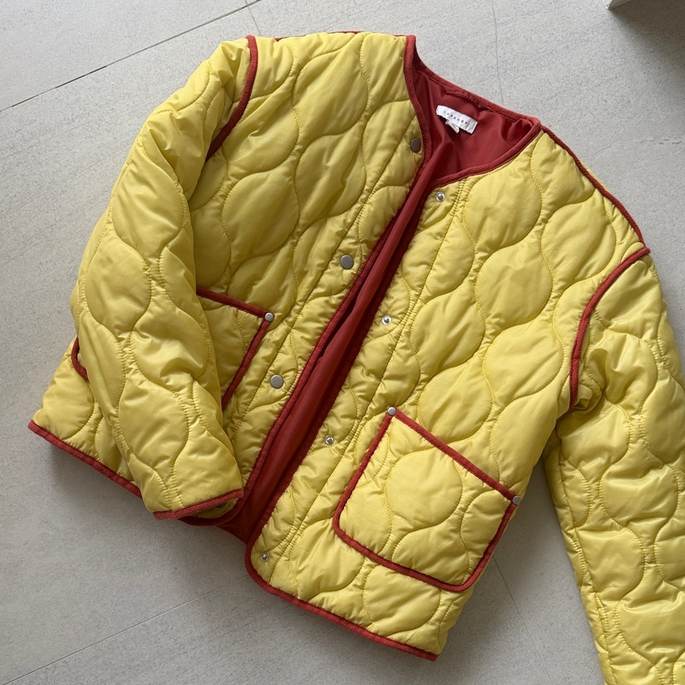 Topshop Quilted Puffer Jacket in Yellow and Red